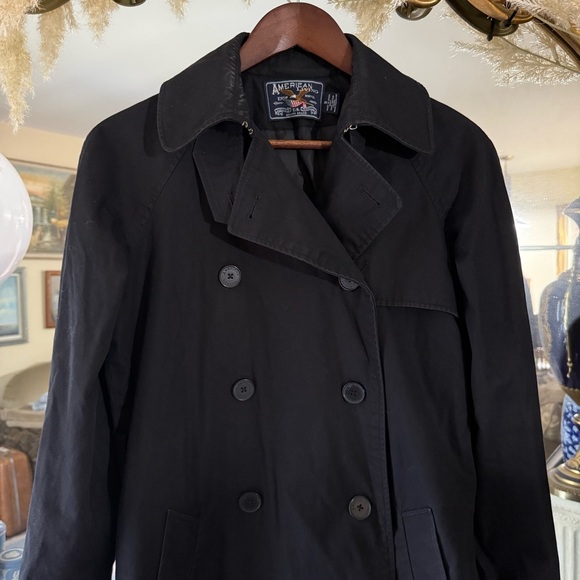 American Living Long Black Trench Coat with Collar & Back Storm Flap Vintage - Picture 2 of 16